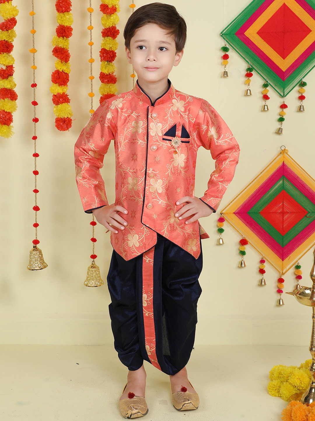 

Jeetethnics Boys Mandarin Collar Floral Woven Design Kurta with Dhoti Pants, Peach