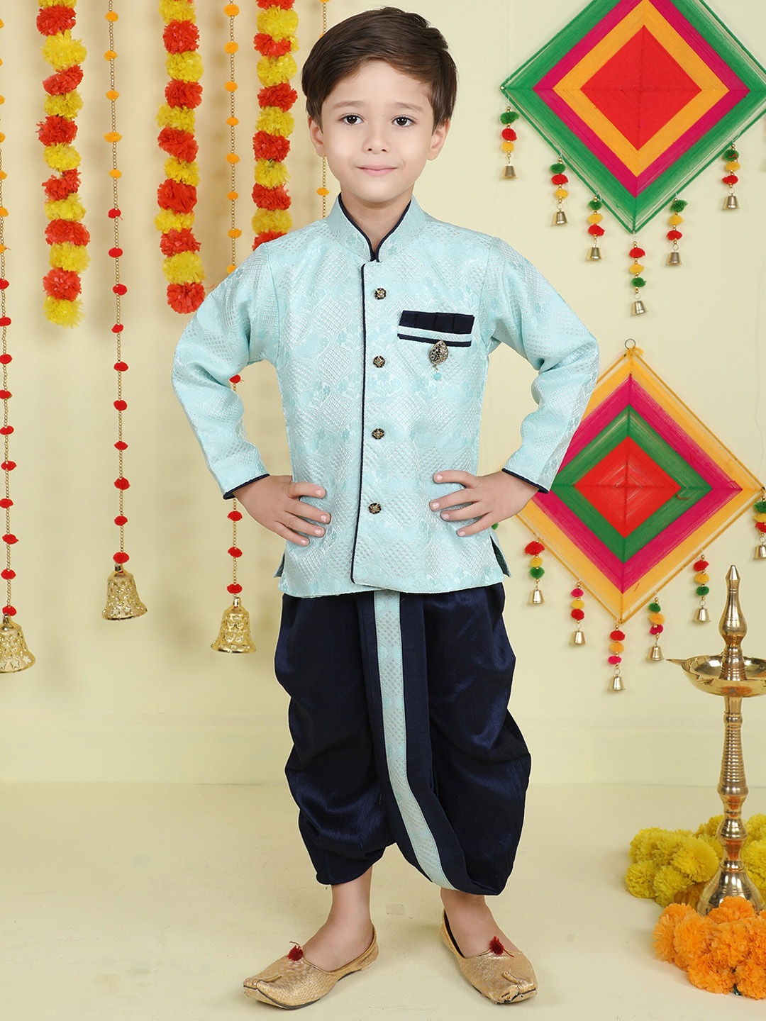 

Jeetethnics Boys Mandarin Collar Floral Woven Design Kurta with Dhoti Pants, Turquoise blue