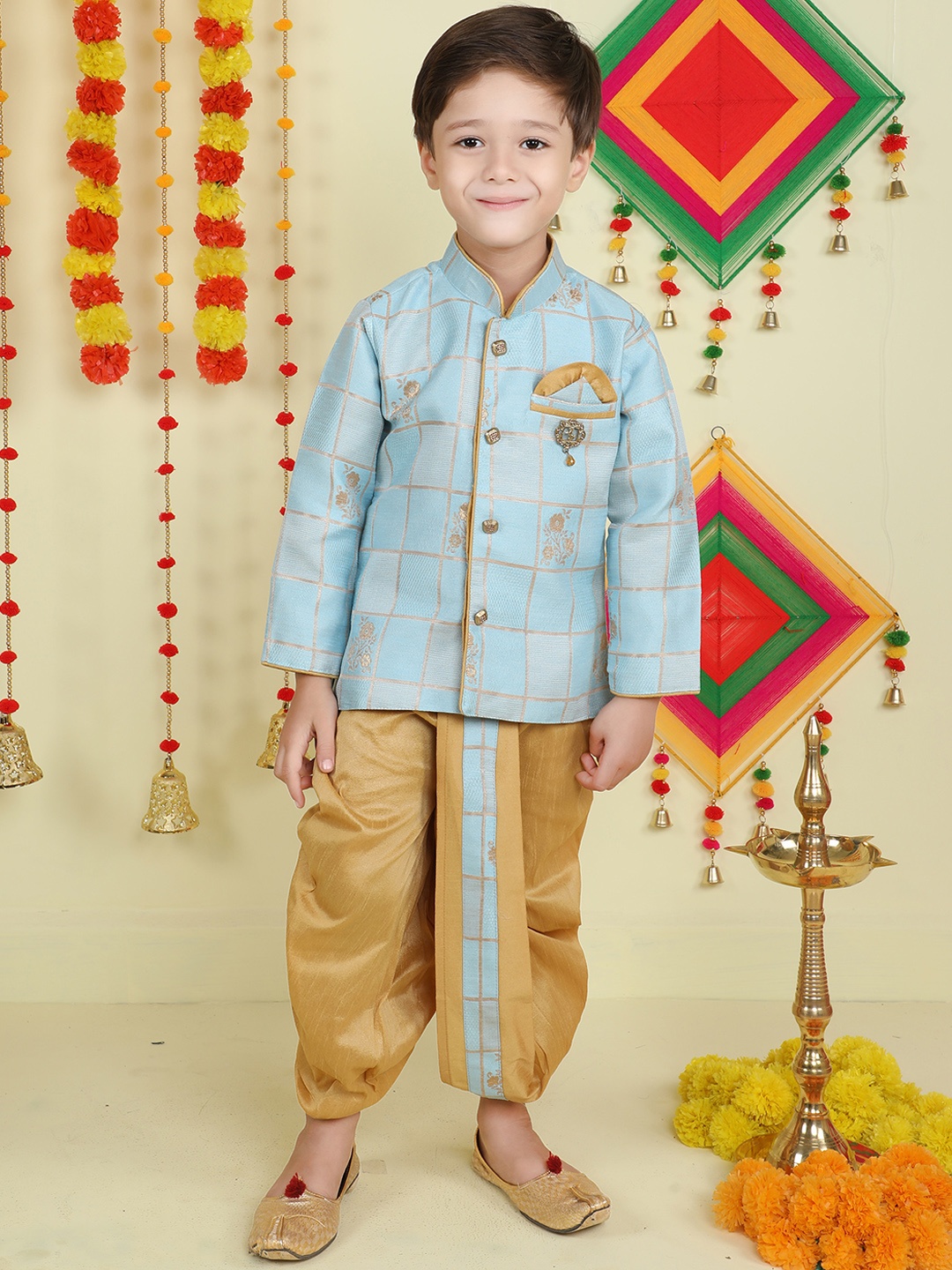 

Jeetethnics Boys Mandarin Collar Floral Woven Design Kurta with Dhoti Pants, Blue