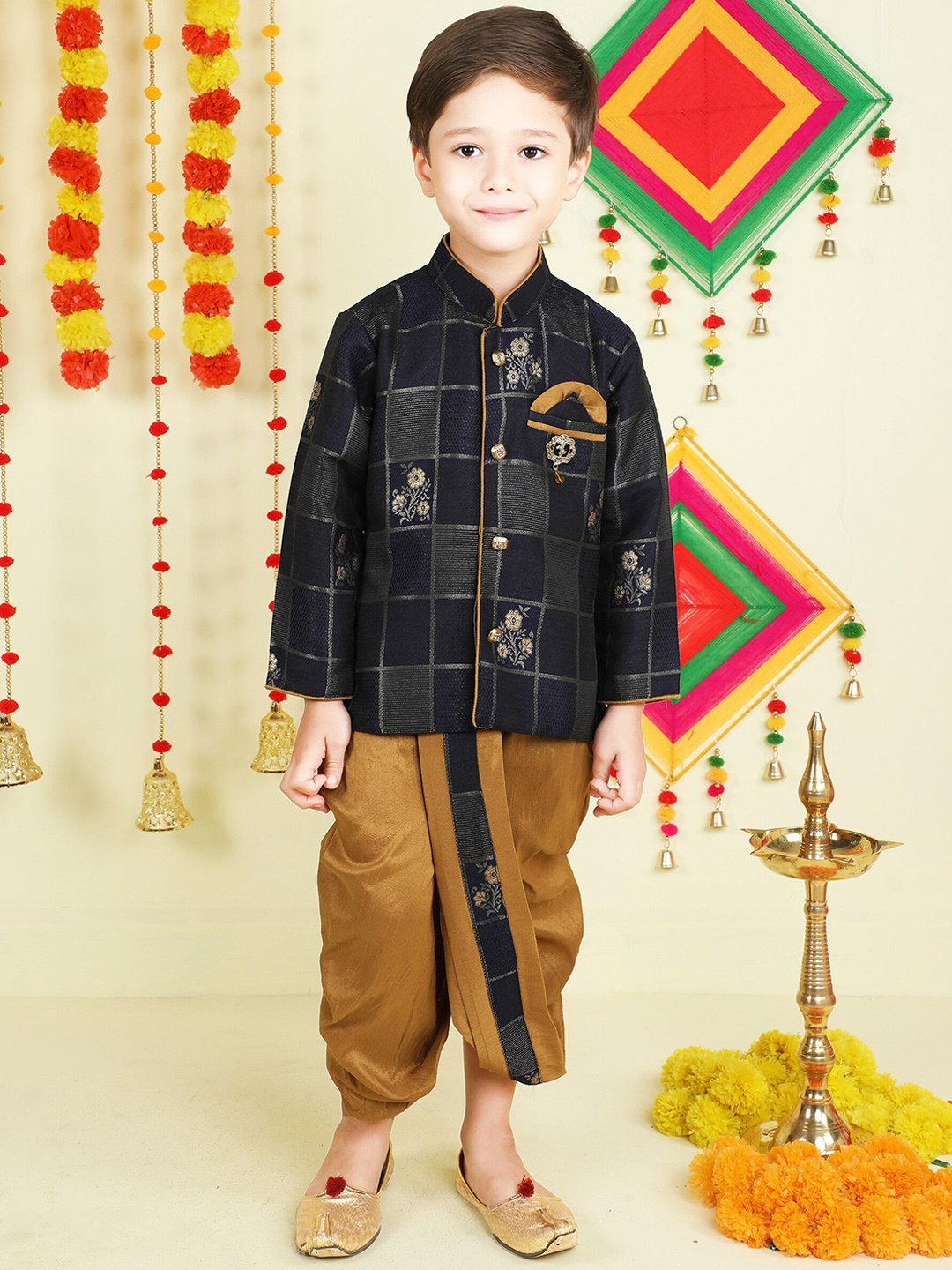 

Jeetethnics Boys Mandarin Collar Woven Design Zari Kurta with Dhoti Pants, Navy blue