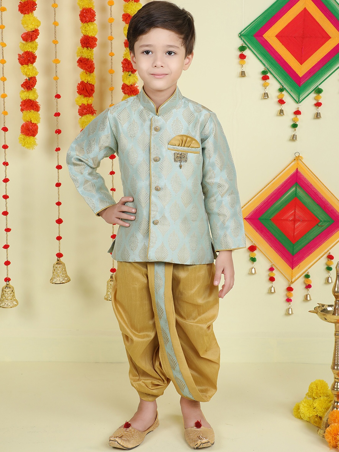 

Jeetethnics Boys Mandarin Collar Ethnic Motifs Woven Design Kurta with Dhoti Pants, Blue