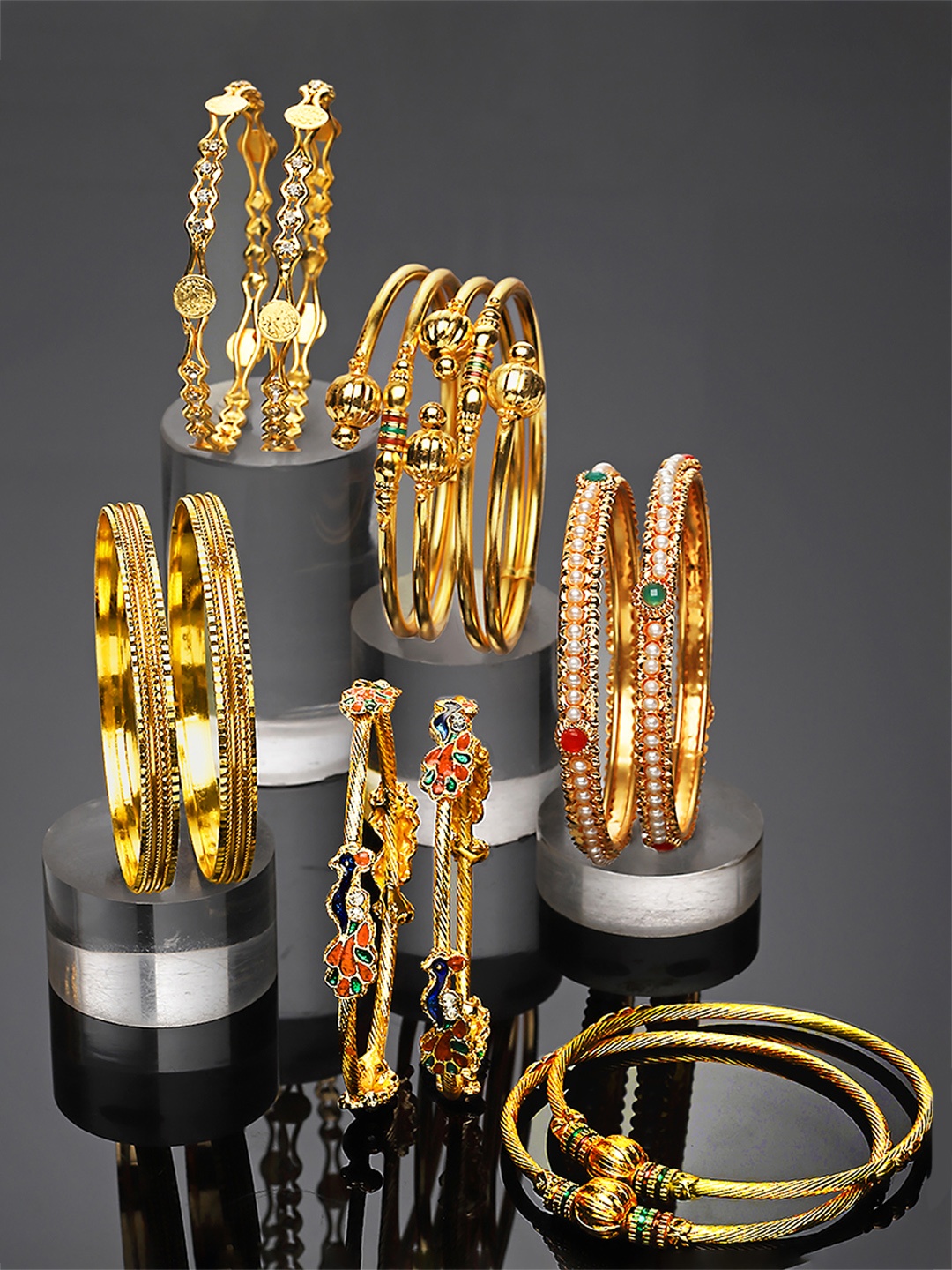 

ZENEME Set Of 12 Gold-Plated Stone-Studded Brass Bangle
