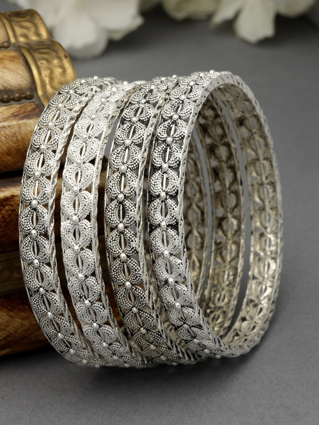 

ZENEME Set Of 4 Silver-Plated Oxidised Bangles