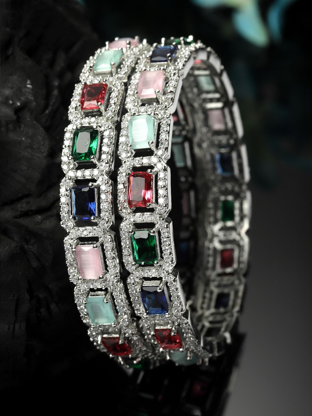 

ZENEME Set Of 2 Rhodium-Plated American Diamond Studded Bangles, Silver