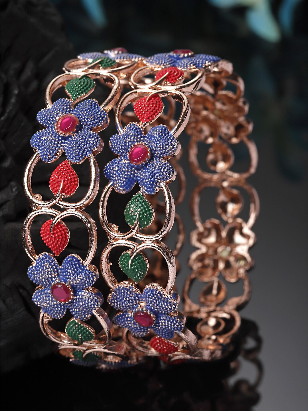 

ZENEME Set Of 2 Rose Gold-Plated AD-Studded Floral & Leaf Shaped Bangles