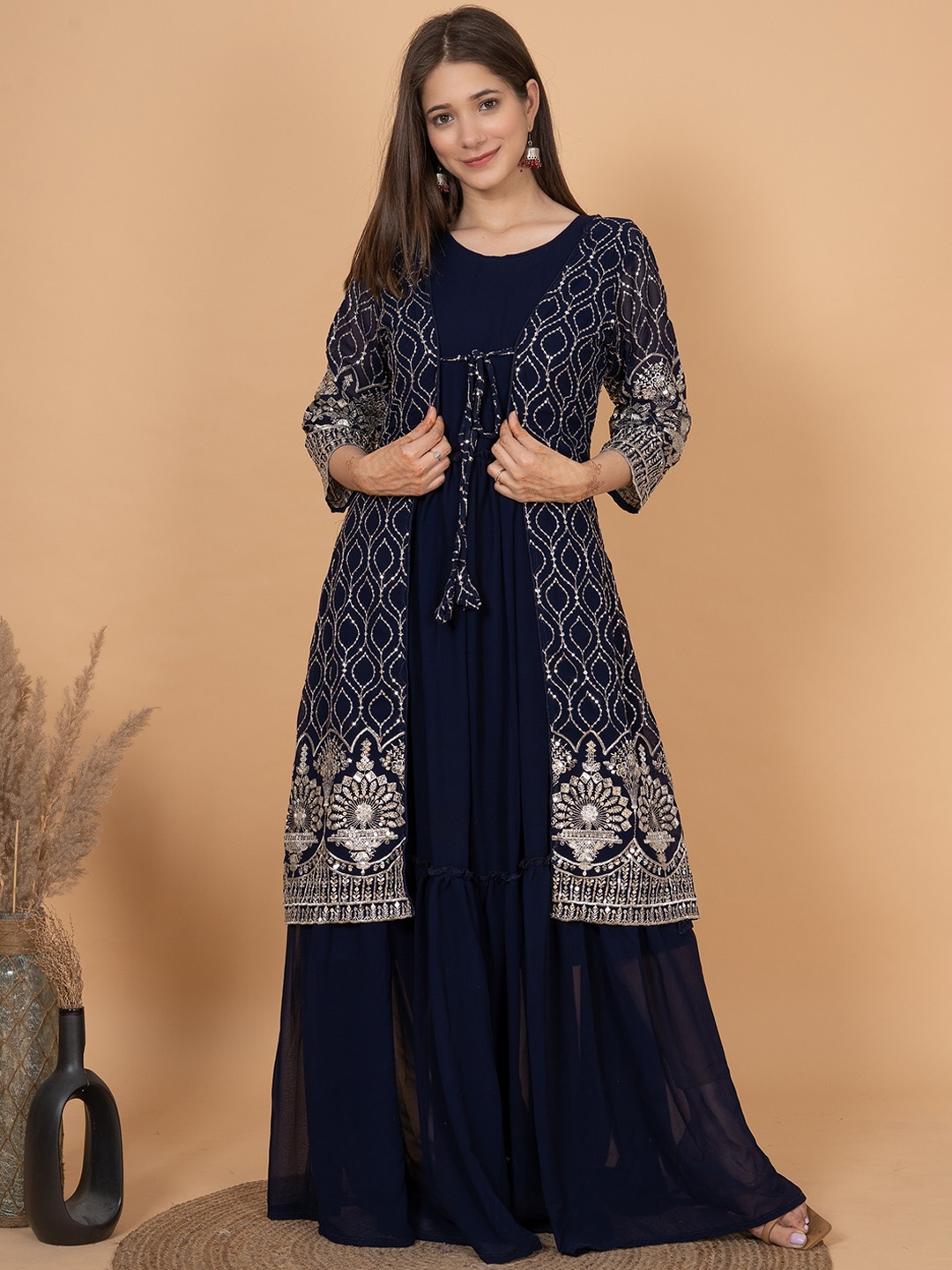 

Sitaram Designer Embroidered Ethnic Dresses with Jacket, Navy blue