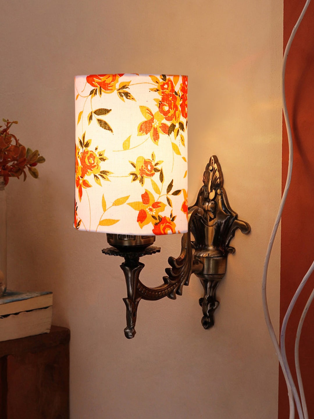 

Devansh White & Orange Printed Antique Wall Lamp With Cotton Conical Shade