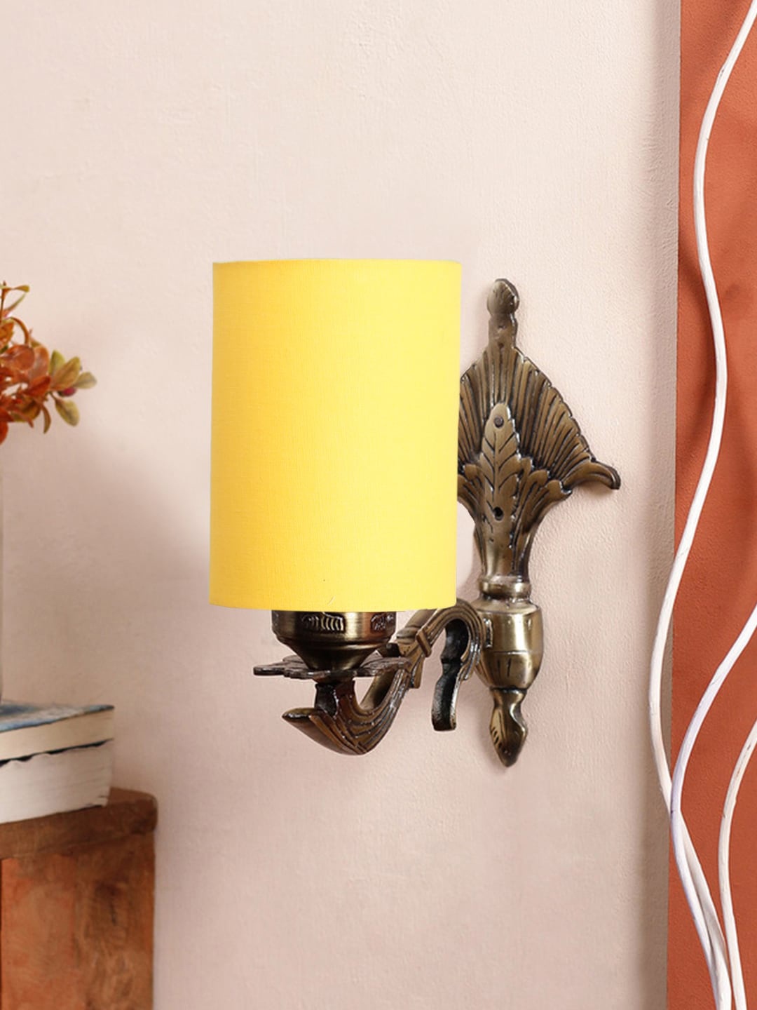 

Devansh Yellow & Gold Toned Antique Wall Lamp With Cotton Conical Shade