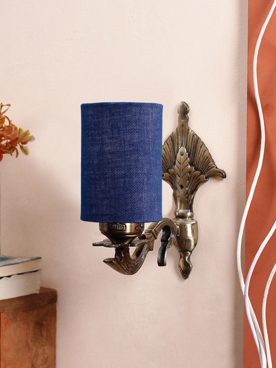 

Devansh Blue & Gold Toned Textured Antique Wall Lamp With Jute Conical Shade