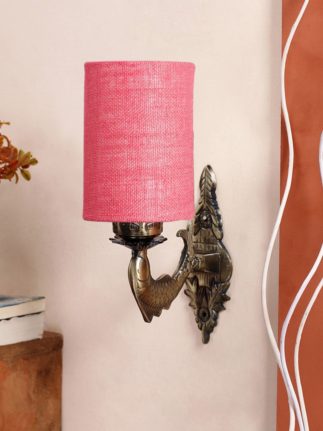 

Devansh Pink & Gold Toned Textured Antique Wall Lamp With Jute Conical Shade