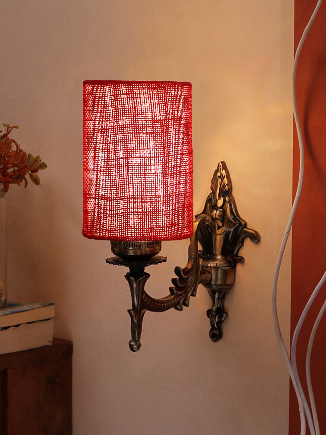 

Devansh Red & Gold Toned Antique Wall Lamp With Jute Conical Shade, Maroon