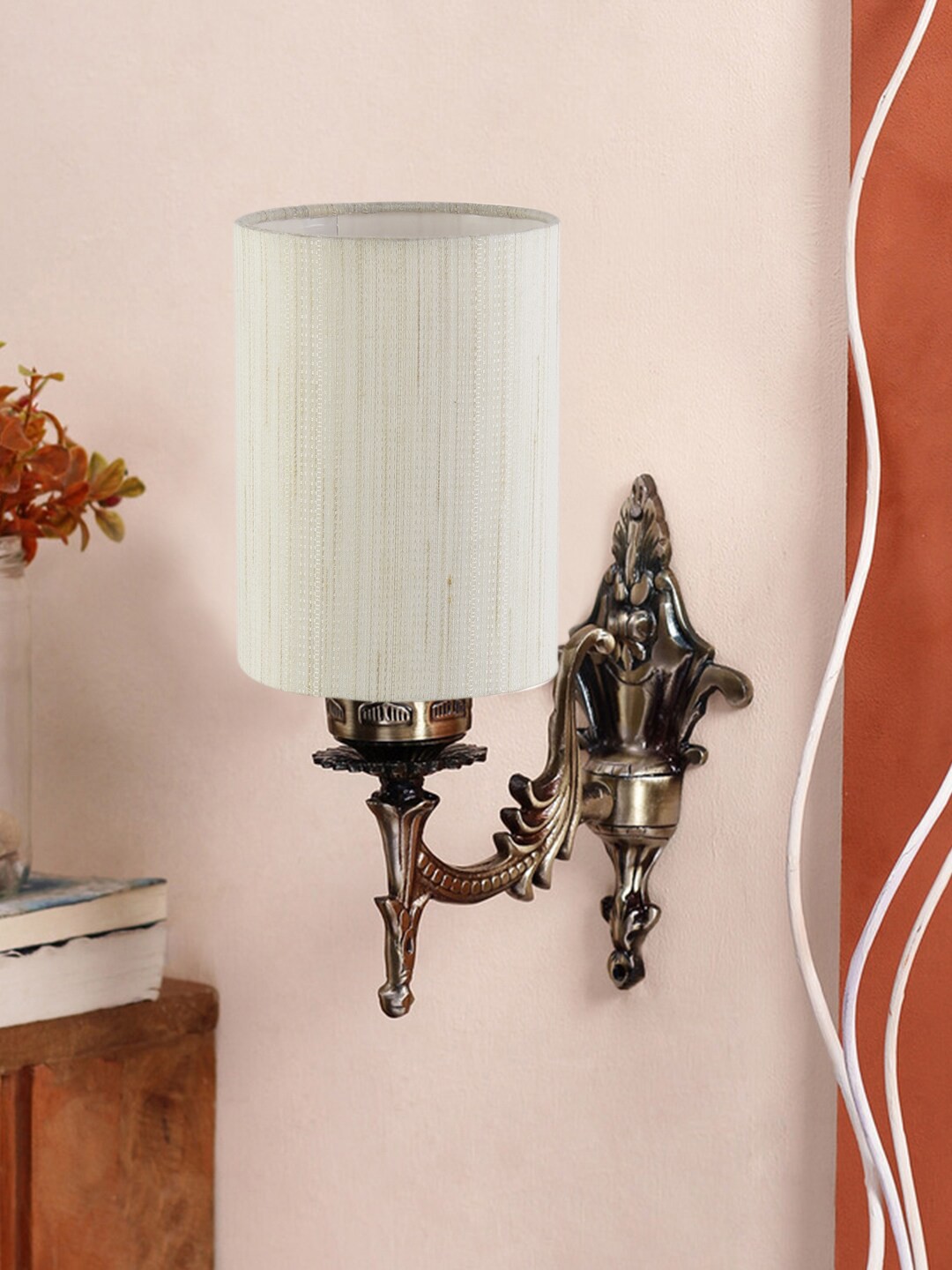 

Devansh White & Gold Toned Antique Wall Lamp With Cotton Conical Shade