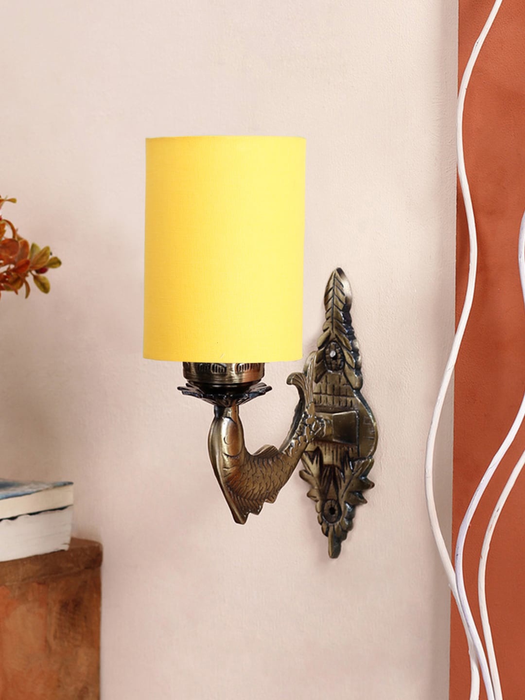 

Devansh Yellow & Gold Toned Antique Wall Lamp With Cotton Conical Shade