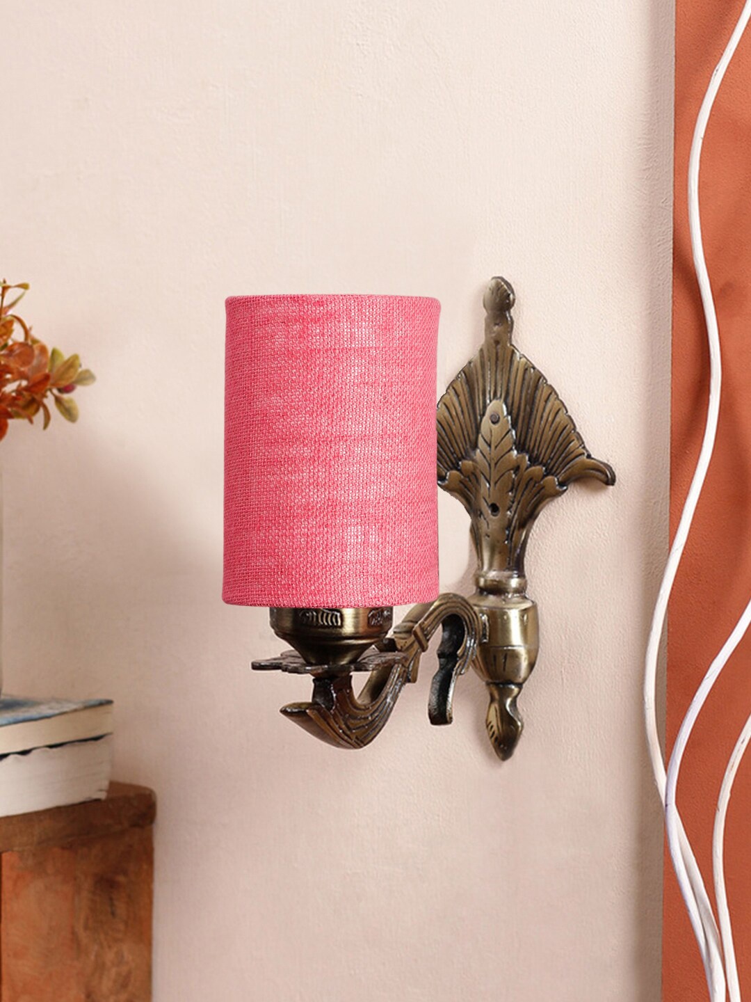 

Devansh Antique Pink & Gold-Toned Wall Lamp With Textured Jute Conical Shade