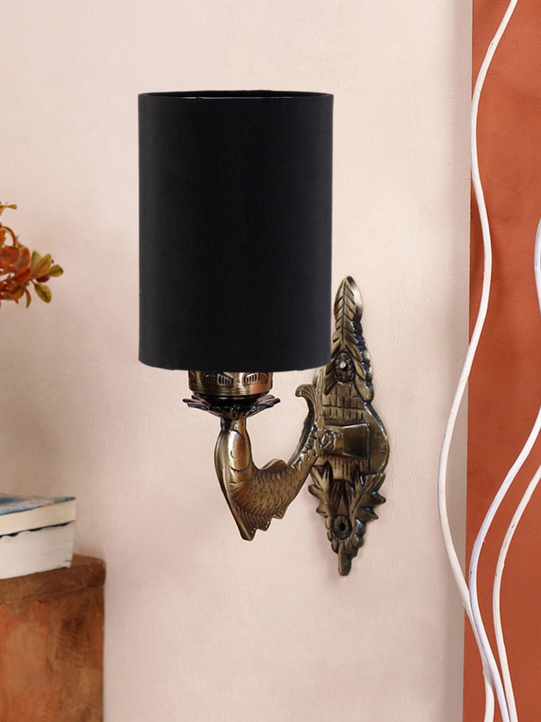 

Devansh Black & Gold Toned Antique Wall Lamp With Cotton Conical Shade