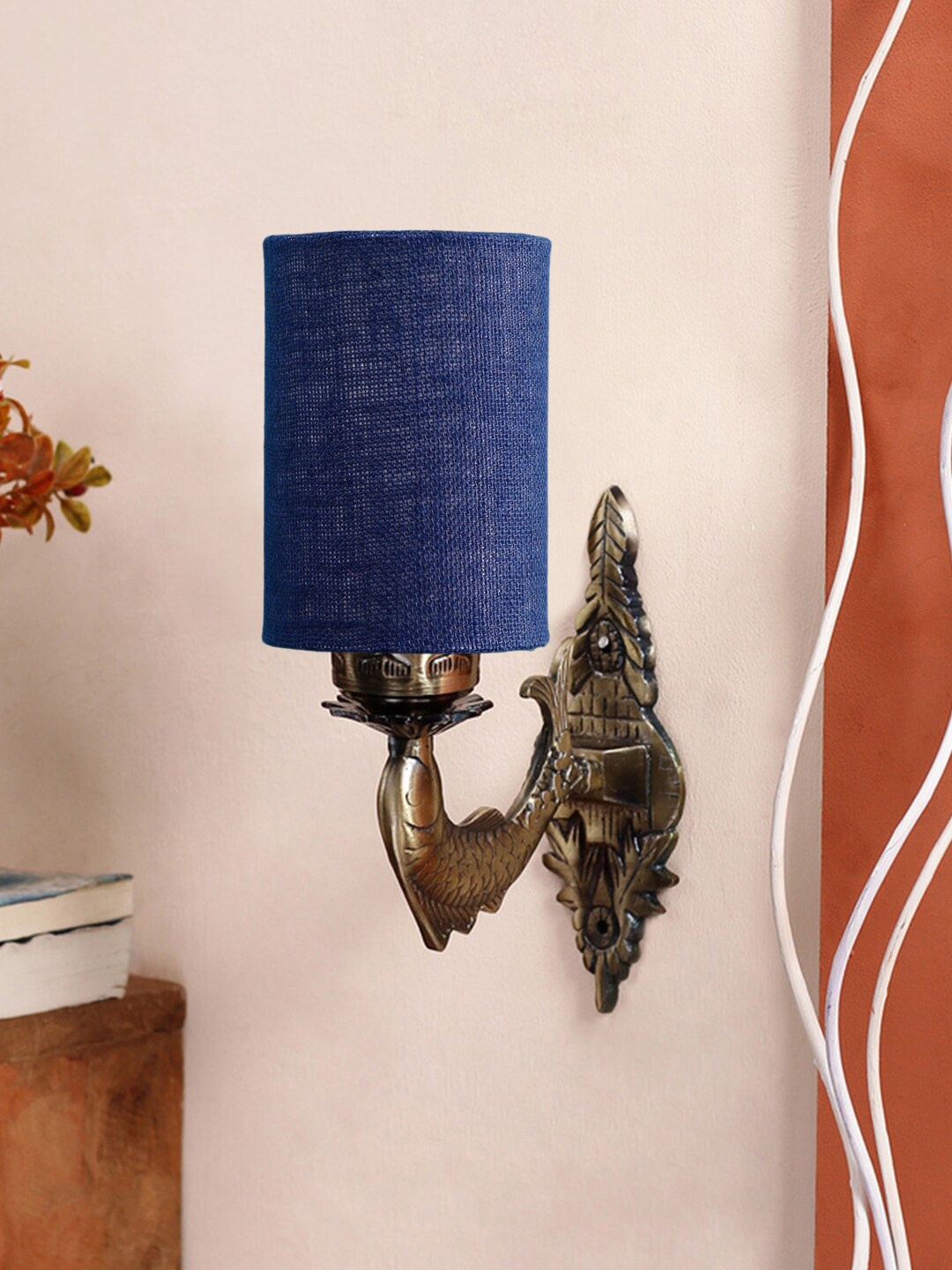 

Devansh Blue & Gold Toned Antique Wall Lamp With Jute Conical Shade