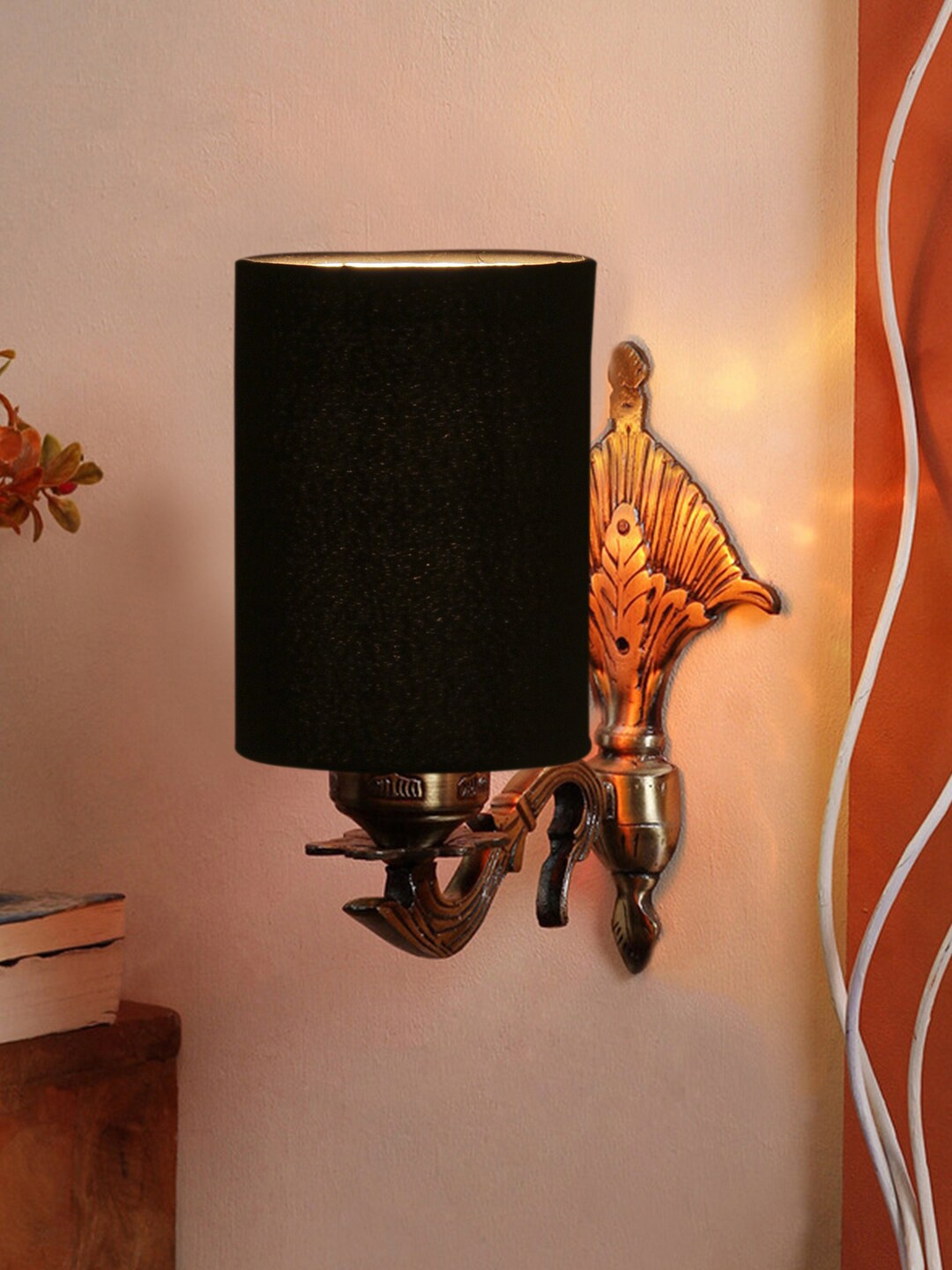

Devansh Black & Gold Toned Antique Wall Lamp With Cotton Conical Shade
