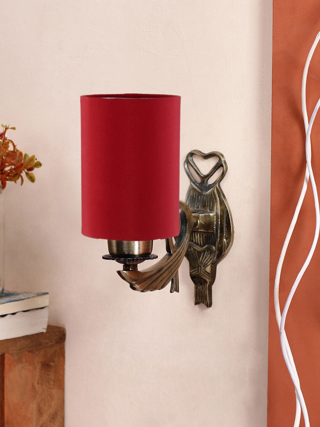 

Devansh Red & Gold Toned Textured Antique Wall Lamp With Cotton Conical Shade