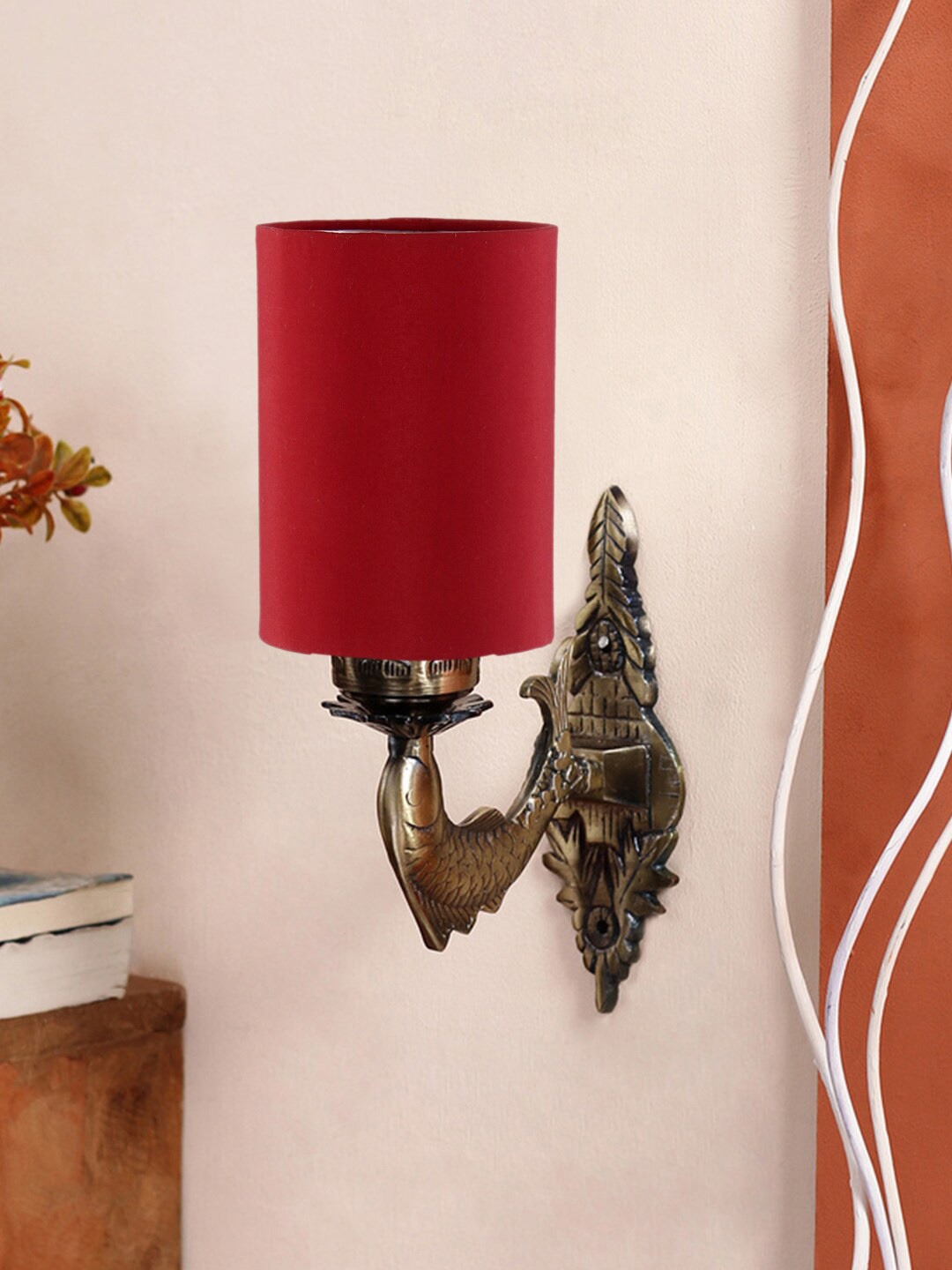 

Devansh Red & Gold Toned Textured Antique Wall Lamp With Cotton Conical Shade