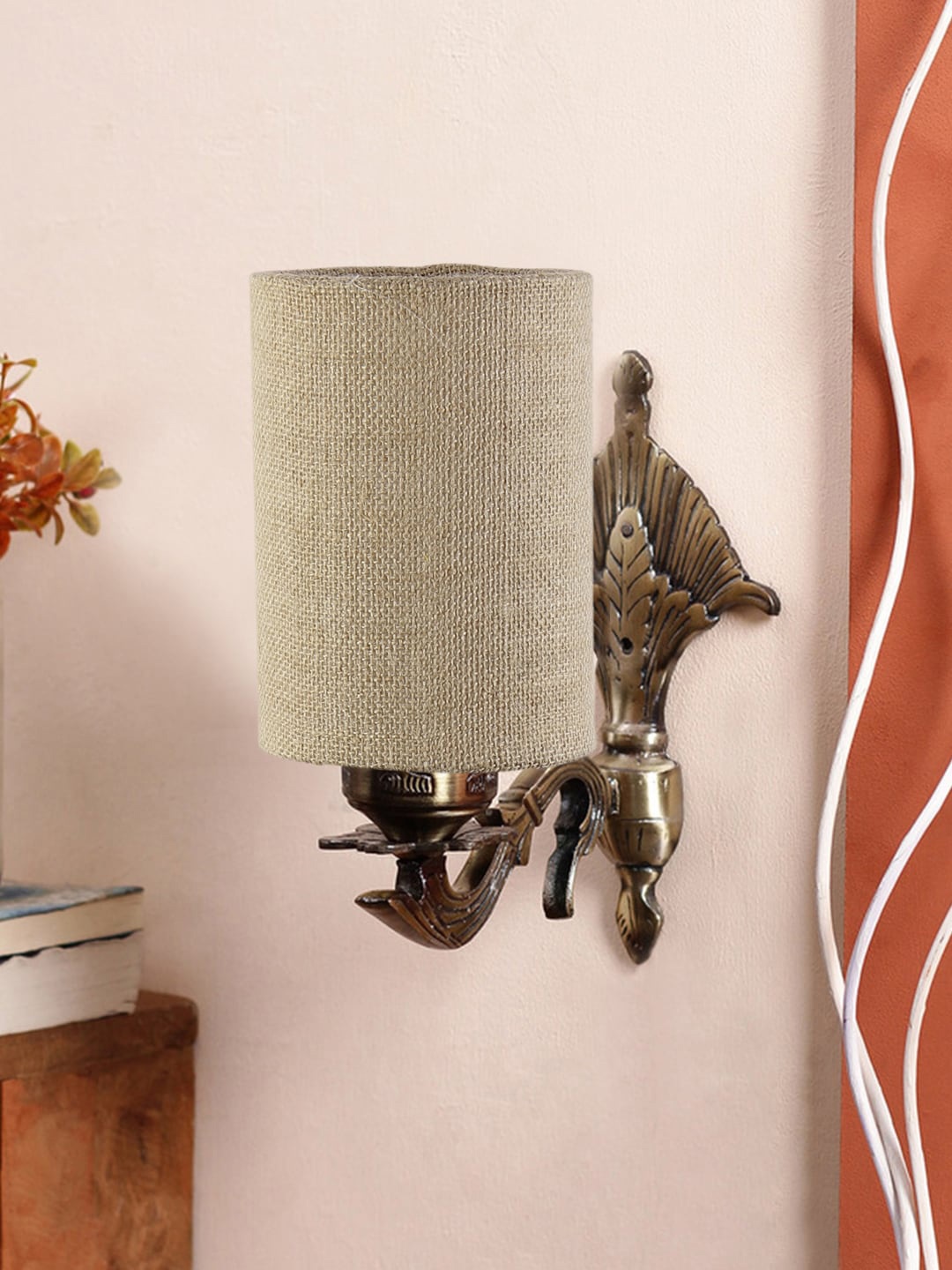 

Devansh Beige & Gold Toned Textured Antique Wall Lamp With Jute Conical Shade