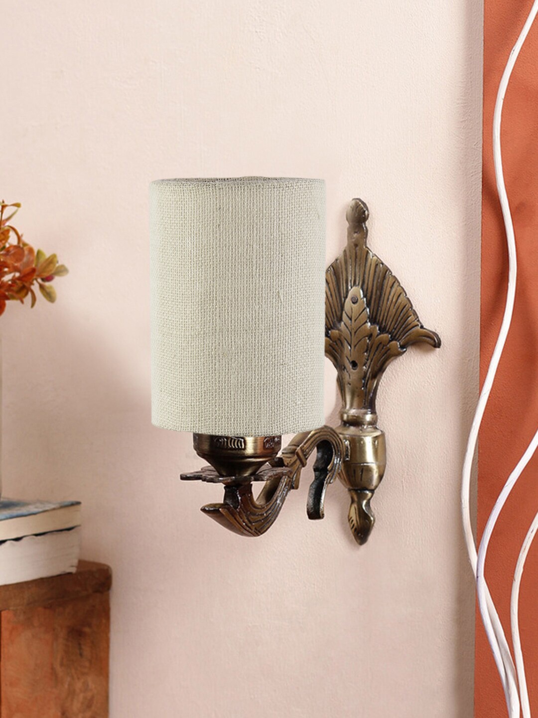 

Devansh White & Gold Toned Antique Wall Lamp With Jute Conical Shade