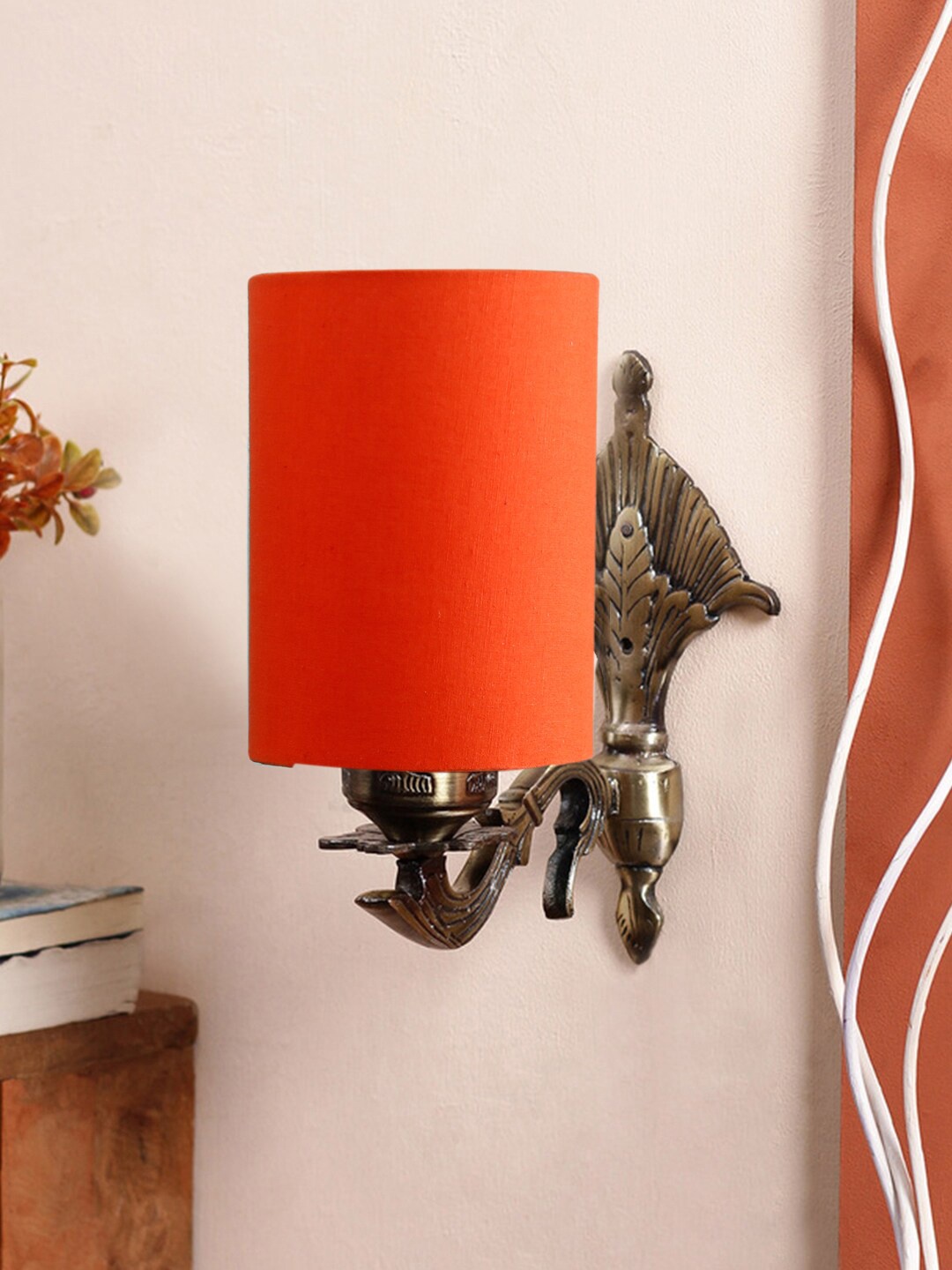 

Devansh Orange-Coloured & Gold Toned Textured Antique Wall Lamp With Cotton Conical Shade