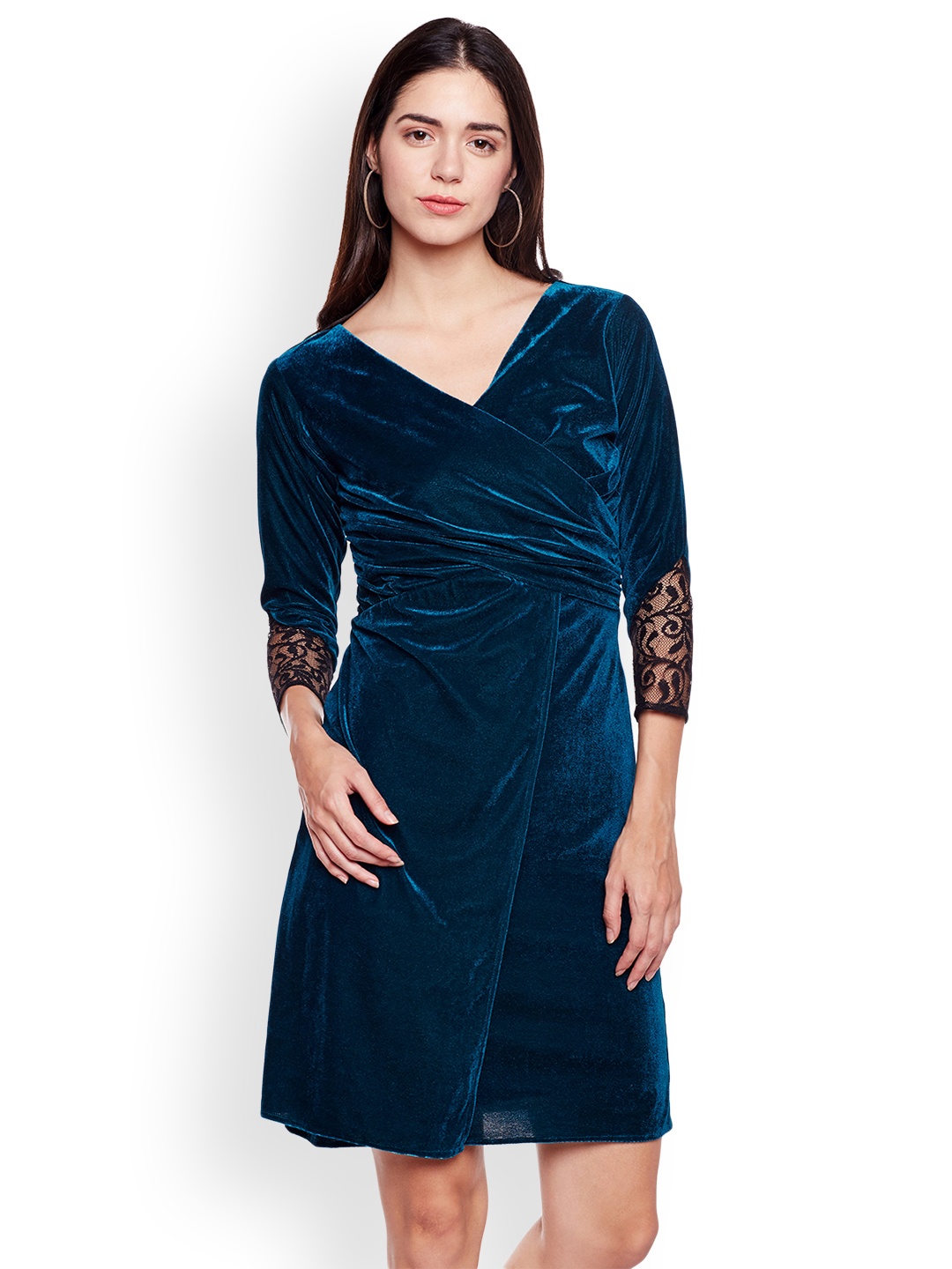 

Athena Women Teal Solid Velvet Finish Wrap Dress