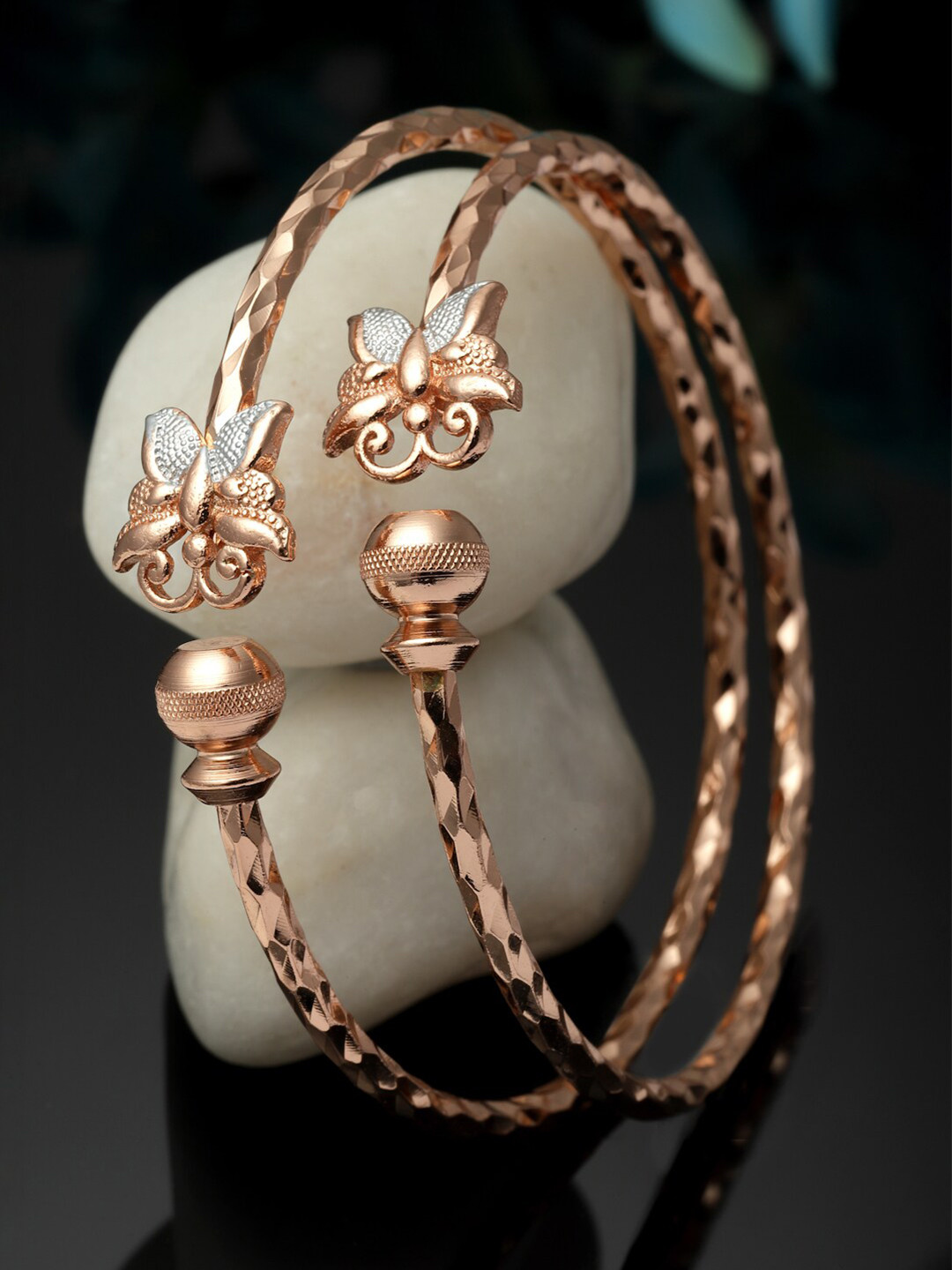 

ZENEME Women Set Of 2 Rose Gold-Plated American Diamond Kada Bracelet