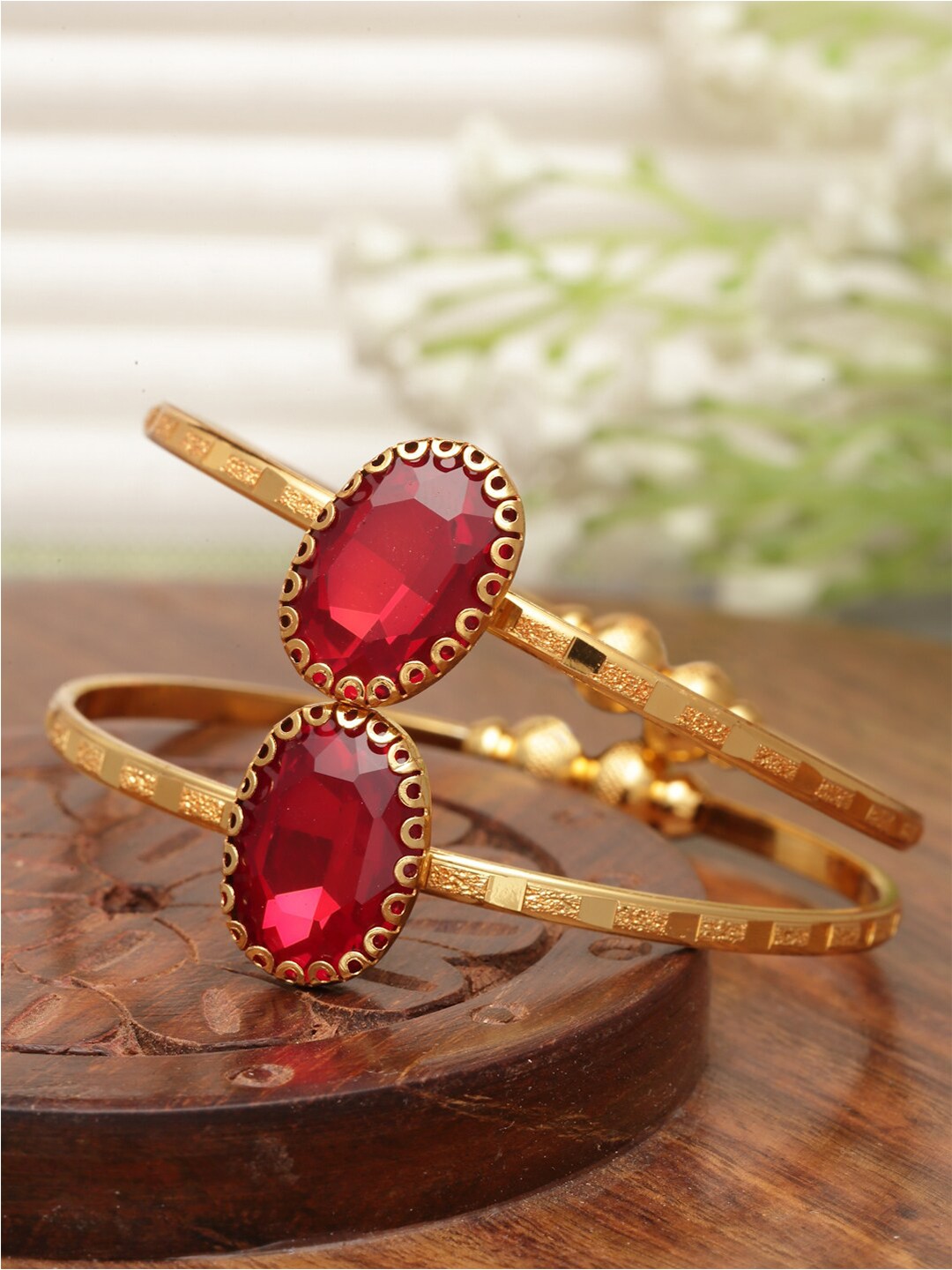 

ZENEME Set Of 2 Gold-Plated American Diamond Kada Bracelets