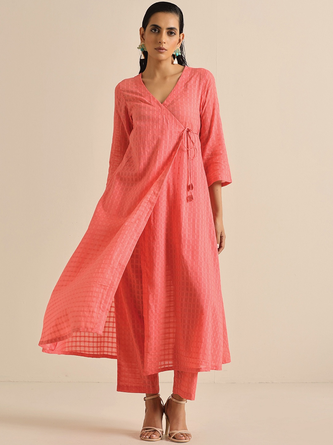 

trueBrowns Woven Design Angrakha Pure Cotton Kurta with Trousers, Coral