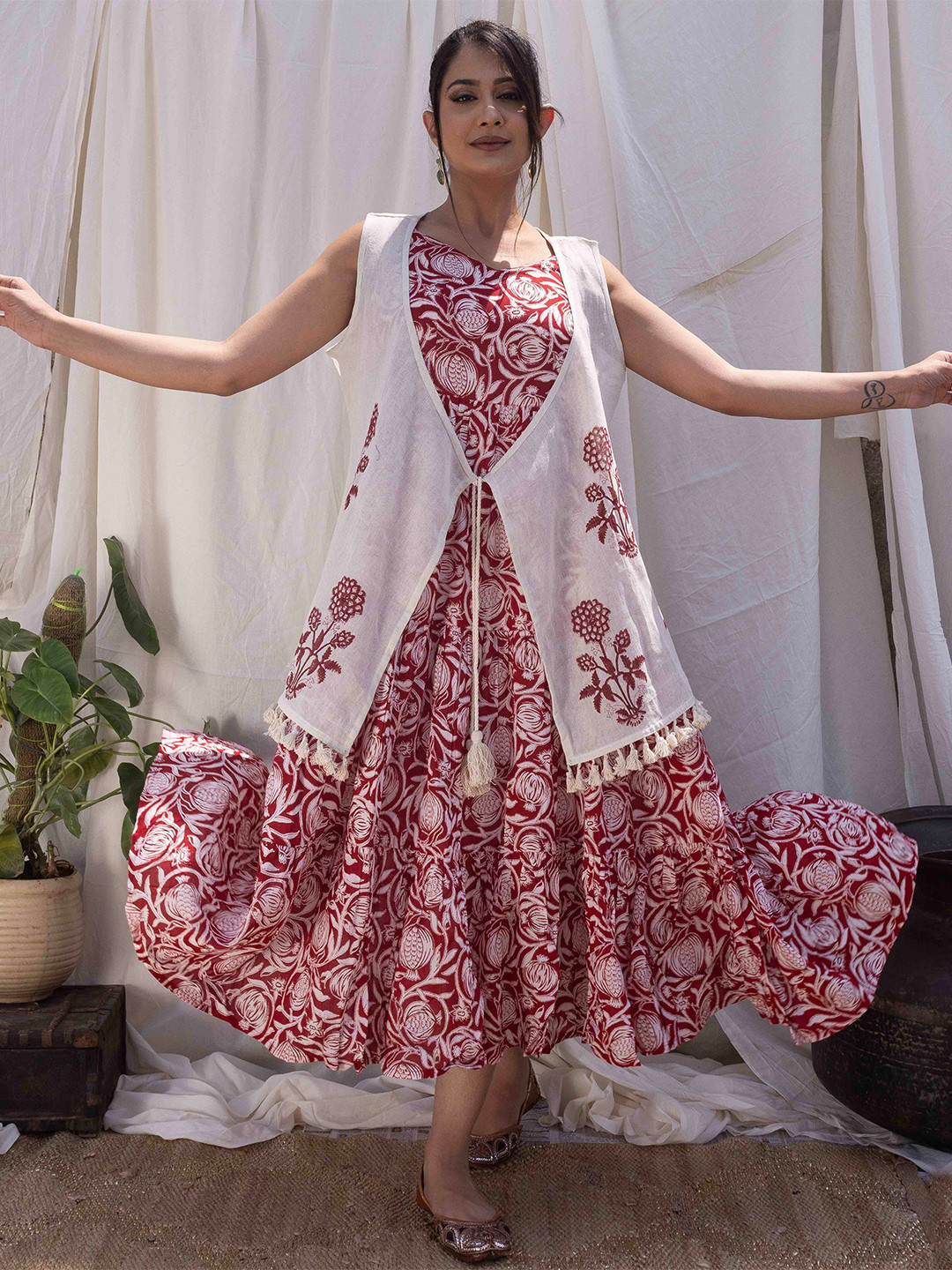 

Sakhi Jaipur Floral Print Maxi Dress, Red