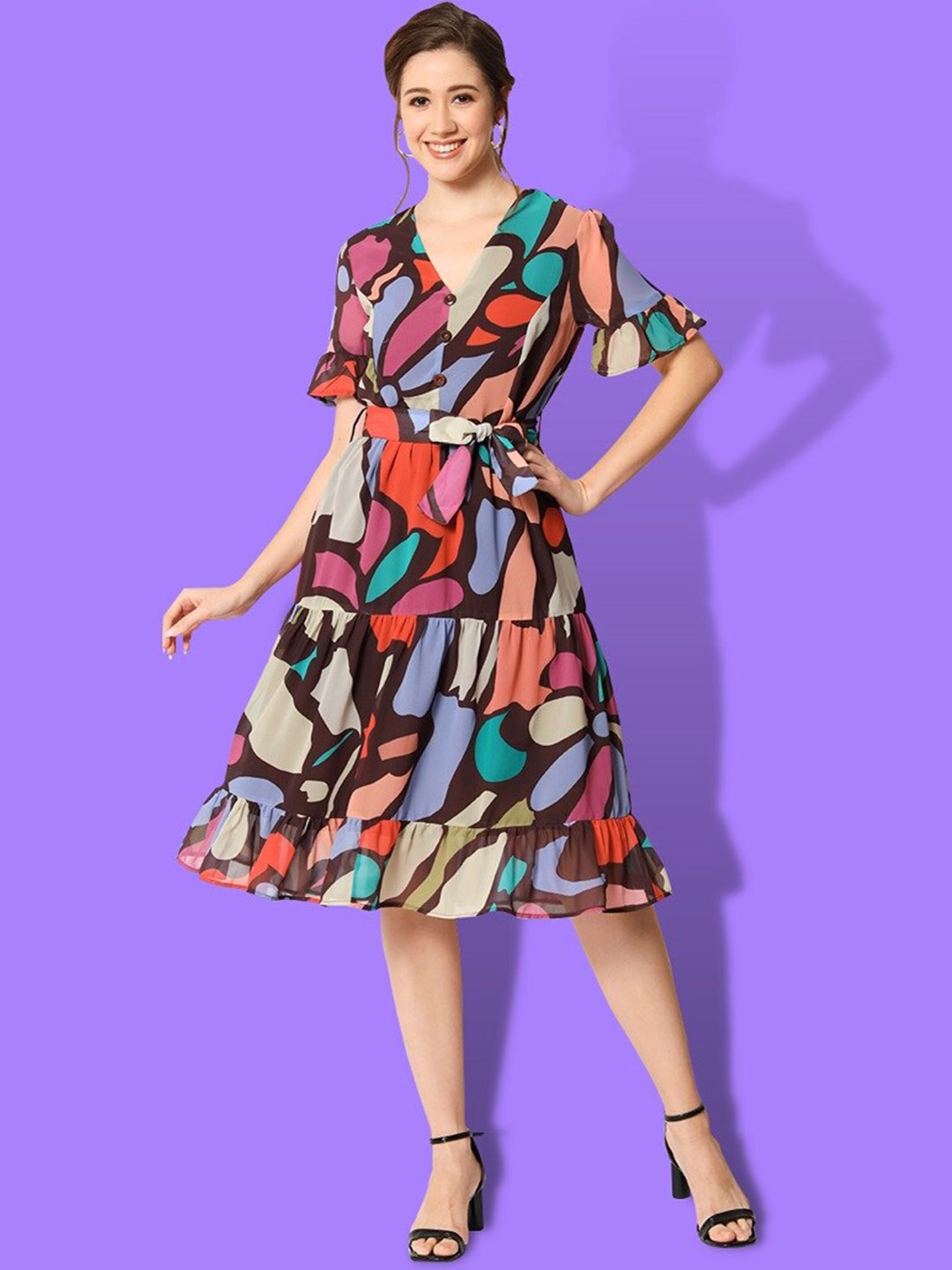 

CHARMGAL Abstract Printed Tiered Fit & Flare Dress With Belt, Red