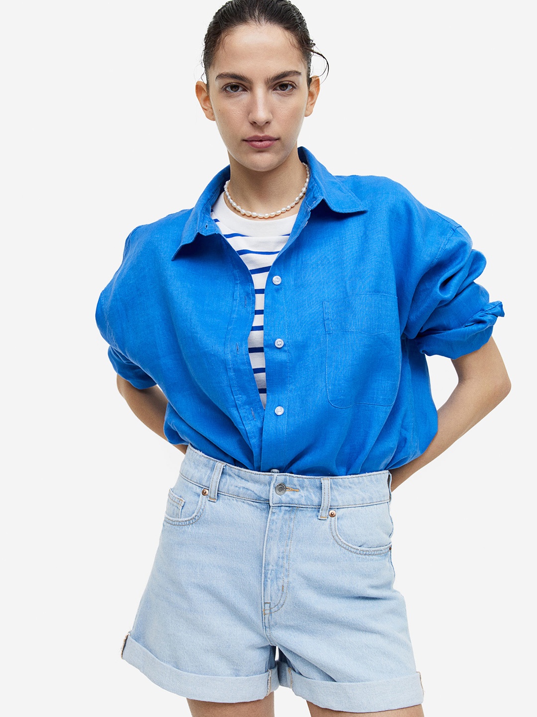 

H&M Mom High Pure Cotton Denim Shorts, Blue