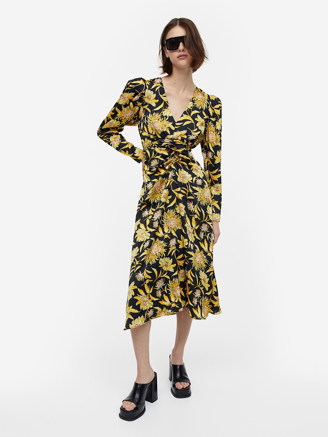 

H&M Gathered Satin Dress, Yellow