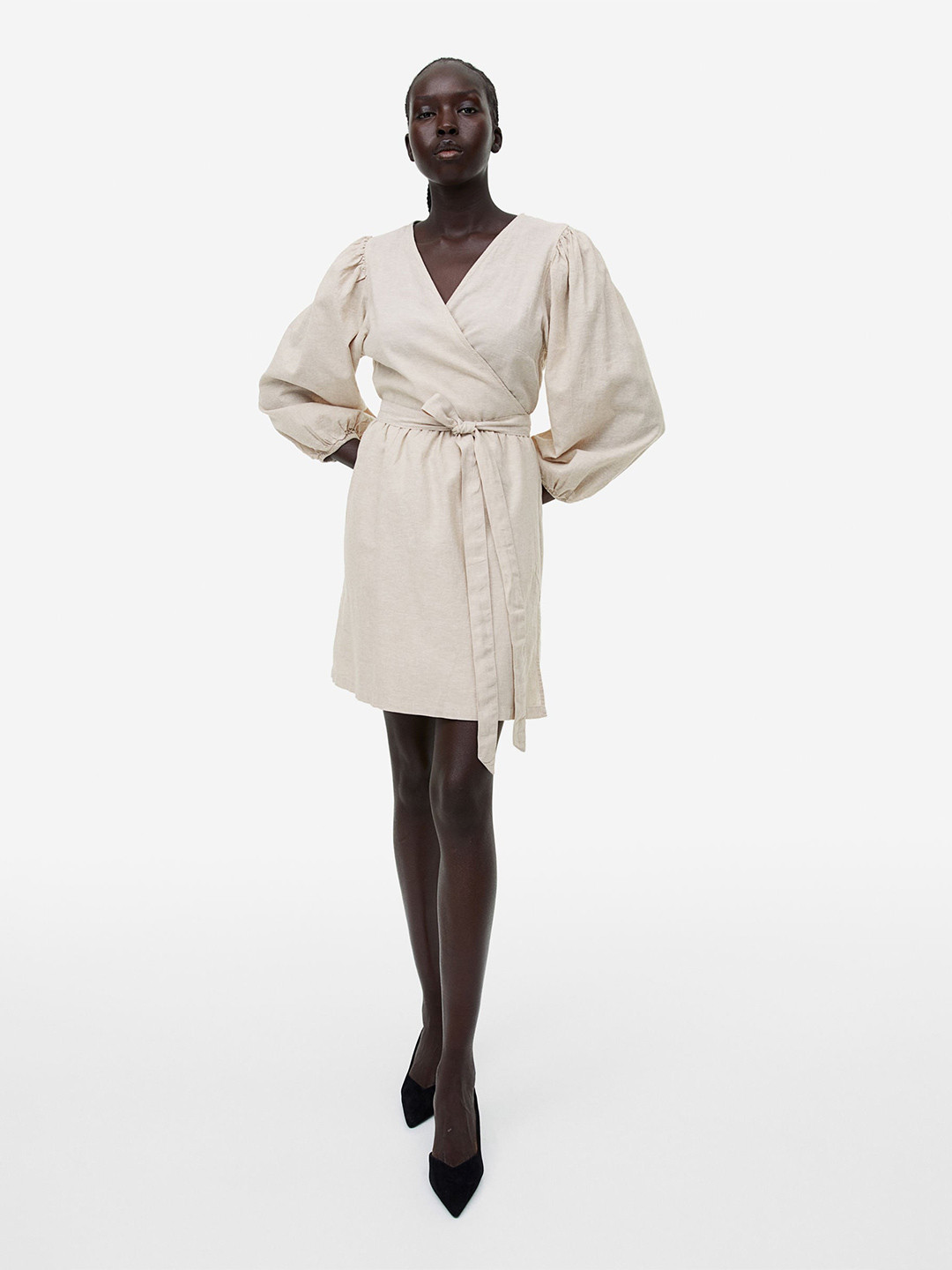 

H&M Linen-Blend Wrap Dress, Beige
