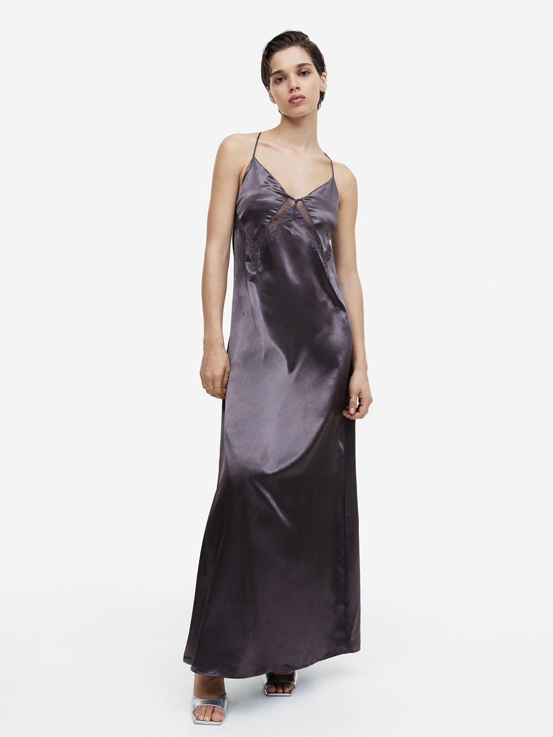 

H&M Lace-Detail Satin Slip Dress, Grey