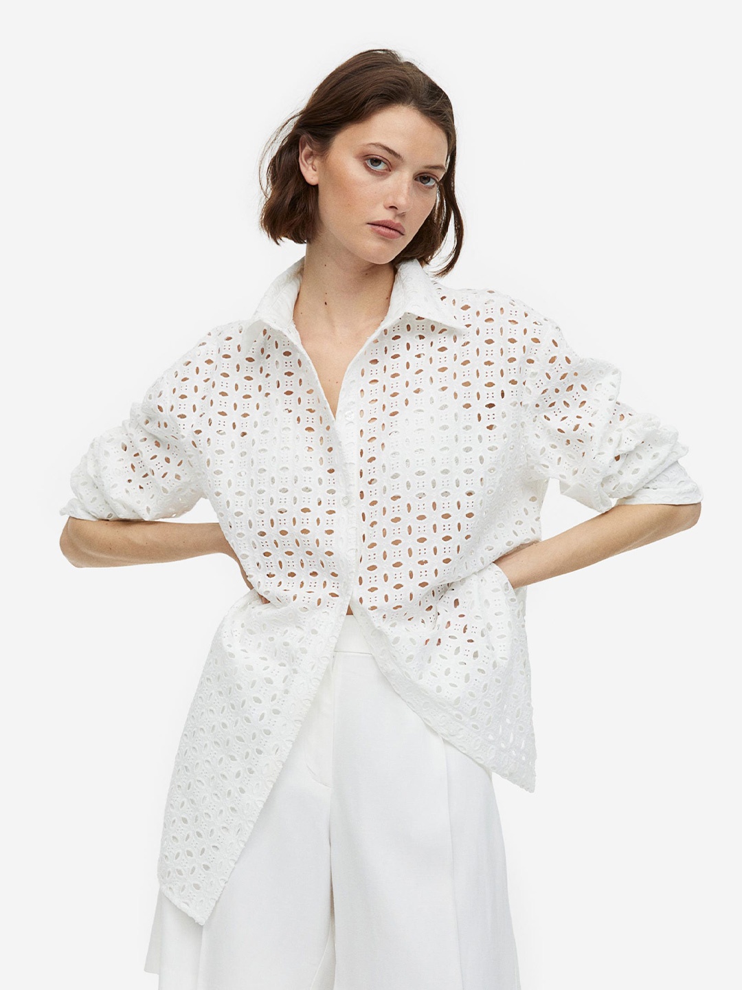 

H&M Pure Cotton Broderie Anglaise Shirt, White