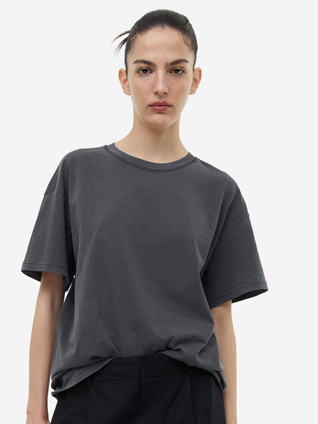 

H&M Pure Cotton Washed-Look T-shirt, Grey