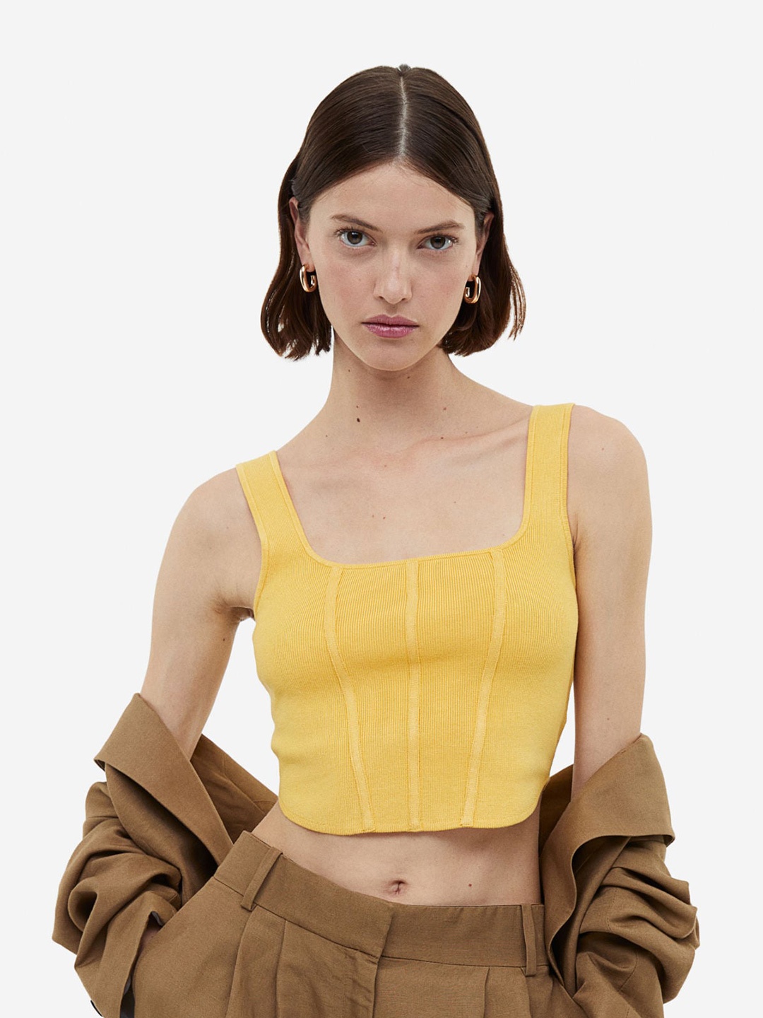 

H&M Fine-Knit Corset Top, Yellow