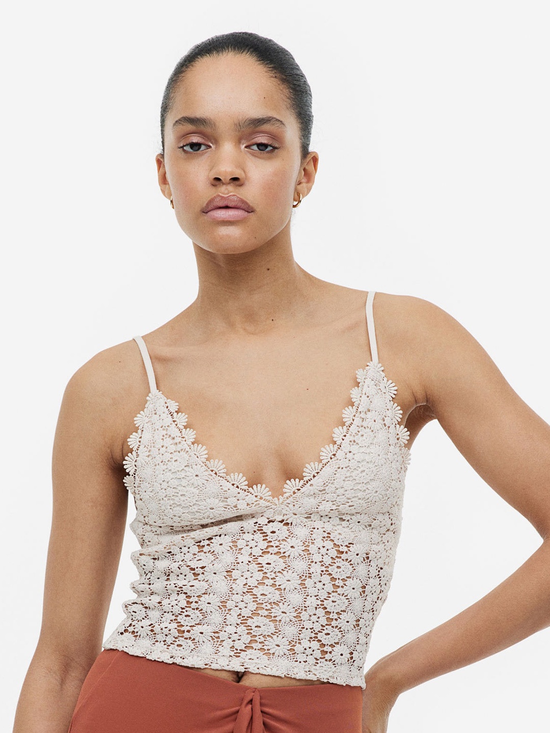 

H&M Cropped Lace Top, Beige