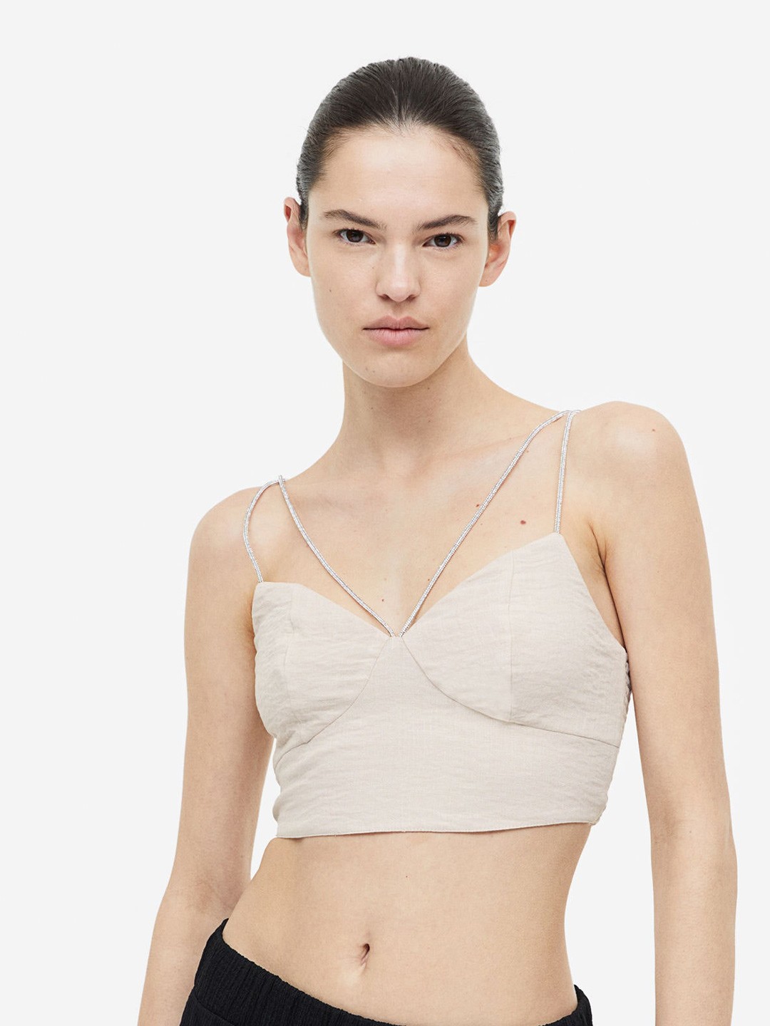 

H&M Rhinestone-Strap Crop Top, Beige
