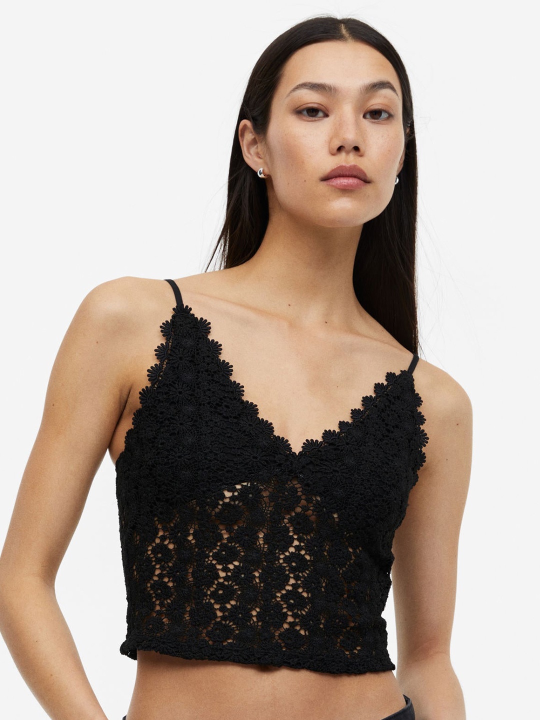 

H&M Cropped Lace Top, Black