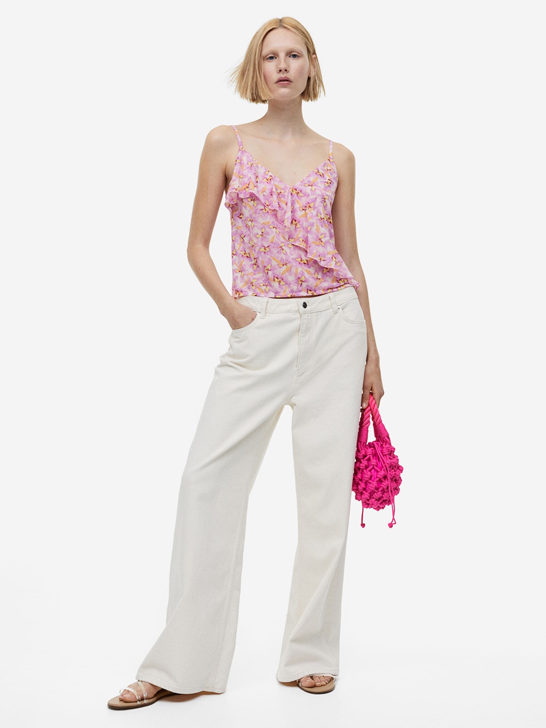 

H&M Flounce-Detail Strappy Top, Pink