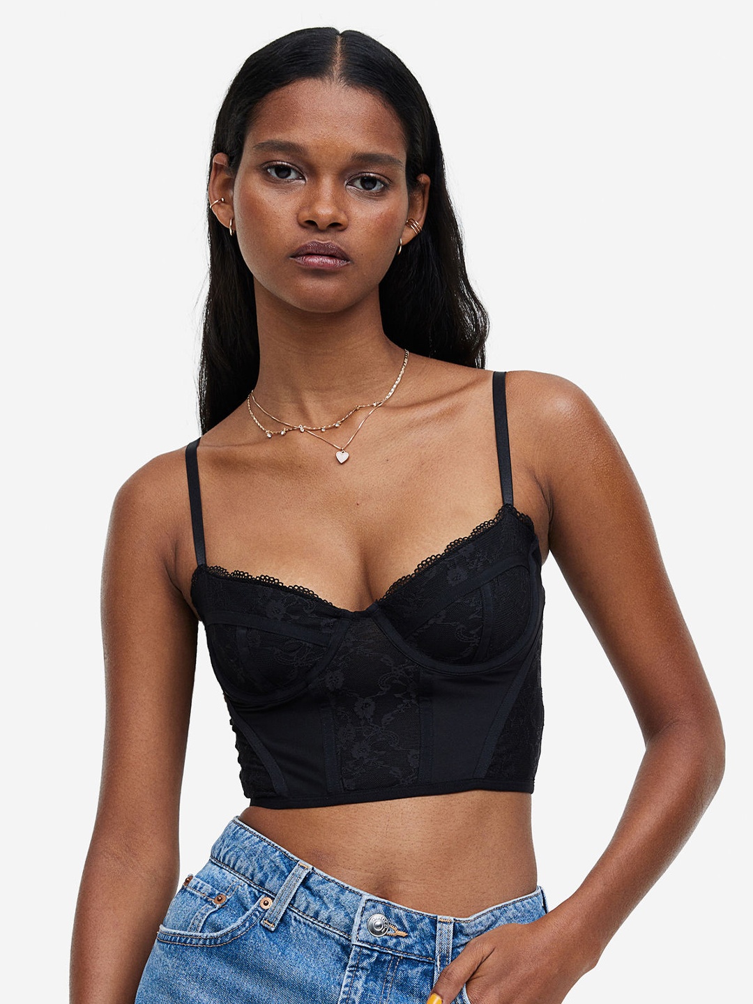 

H&M Lace-Detail Mesh Bustier Top, Black