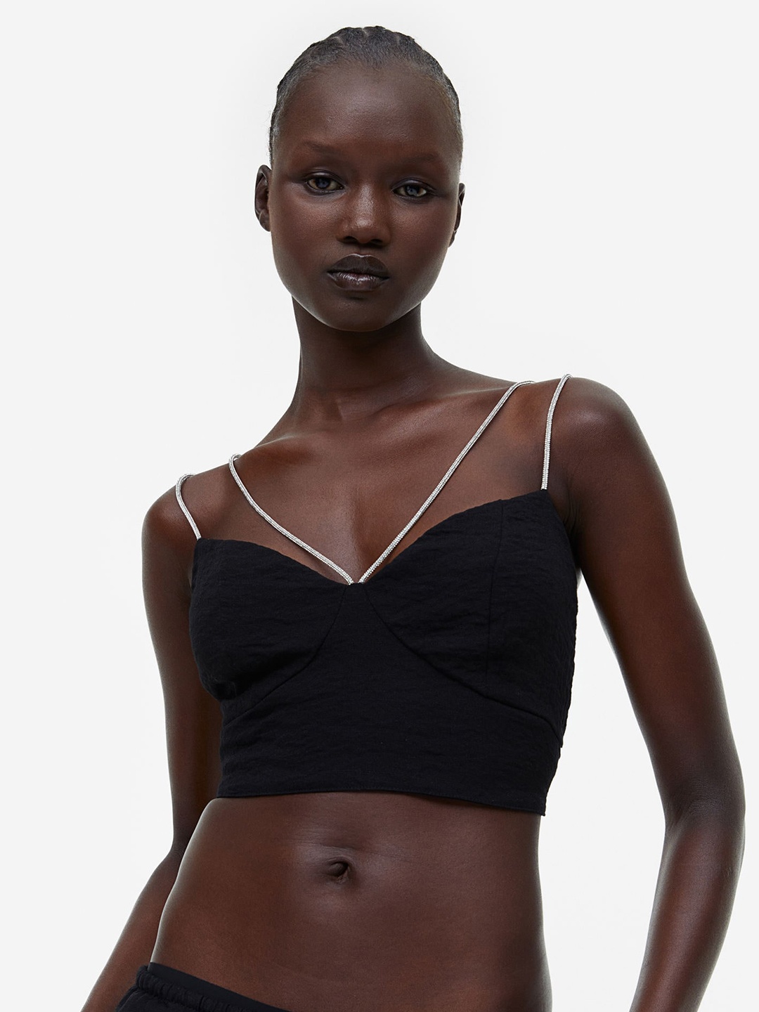 

H&M Rhinestone-Strap Crop Top, Black