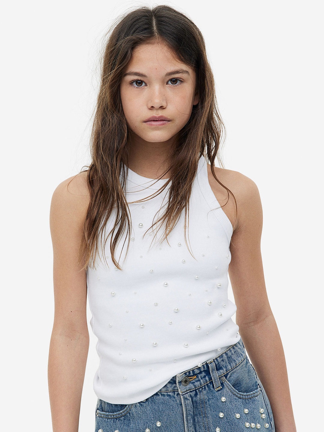 

H&M Girls Beaded Vest Top, White