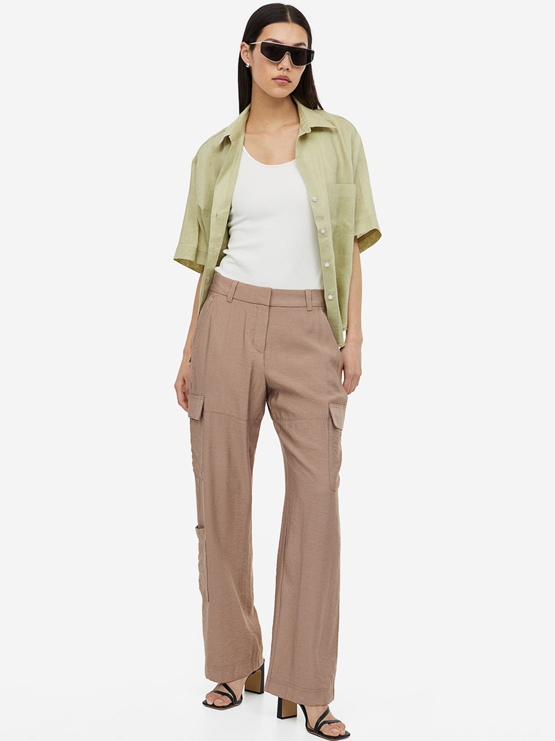 

H&M Women Satin Cargo Trousers, Beige