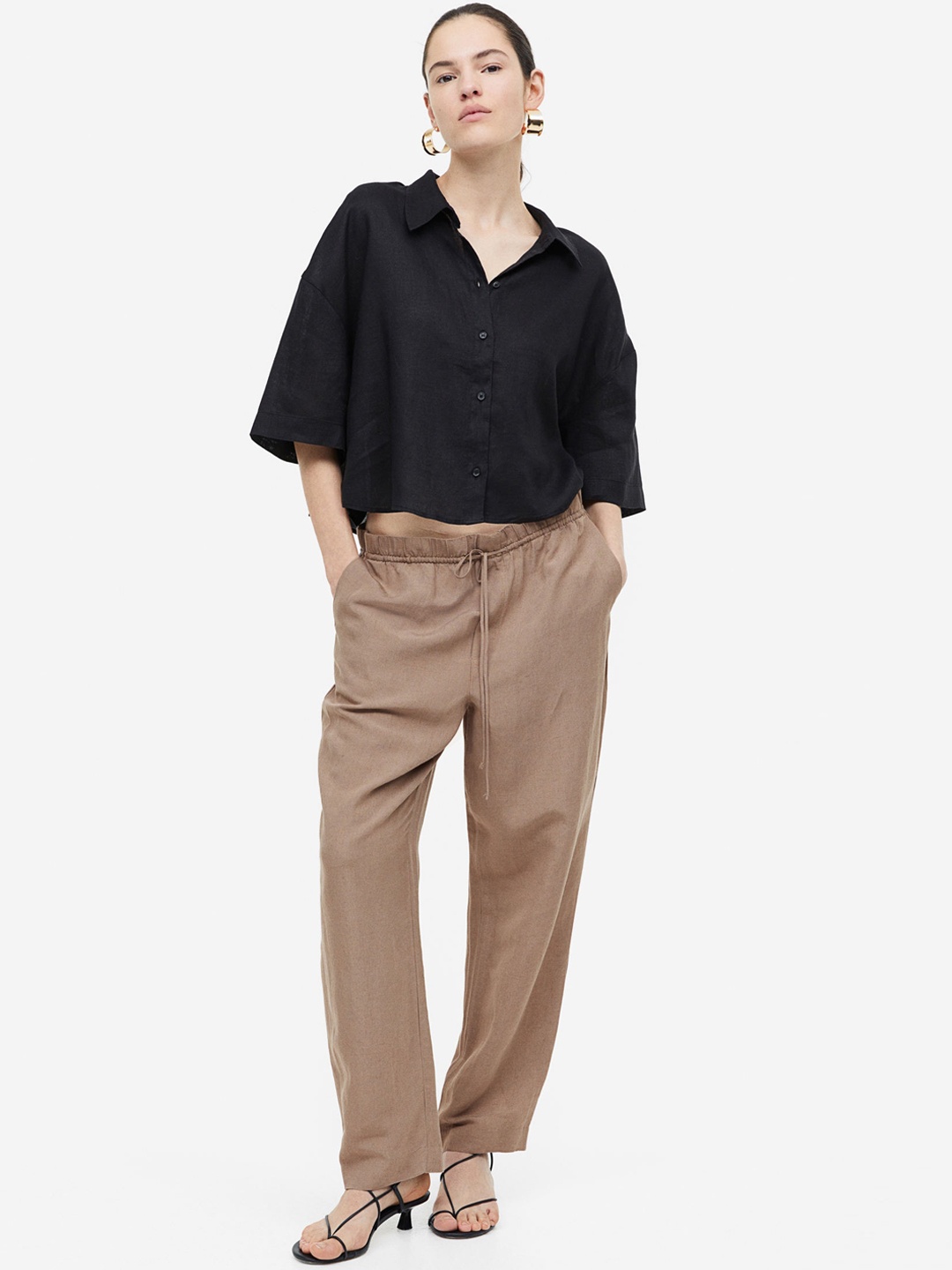 

H&M Women Linen-Blend Tapered Trousers, Beige