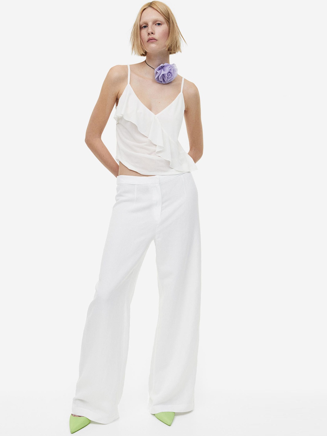 

H&M Women Wide Linen-Blend Trousers, White