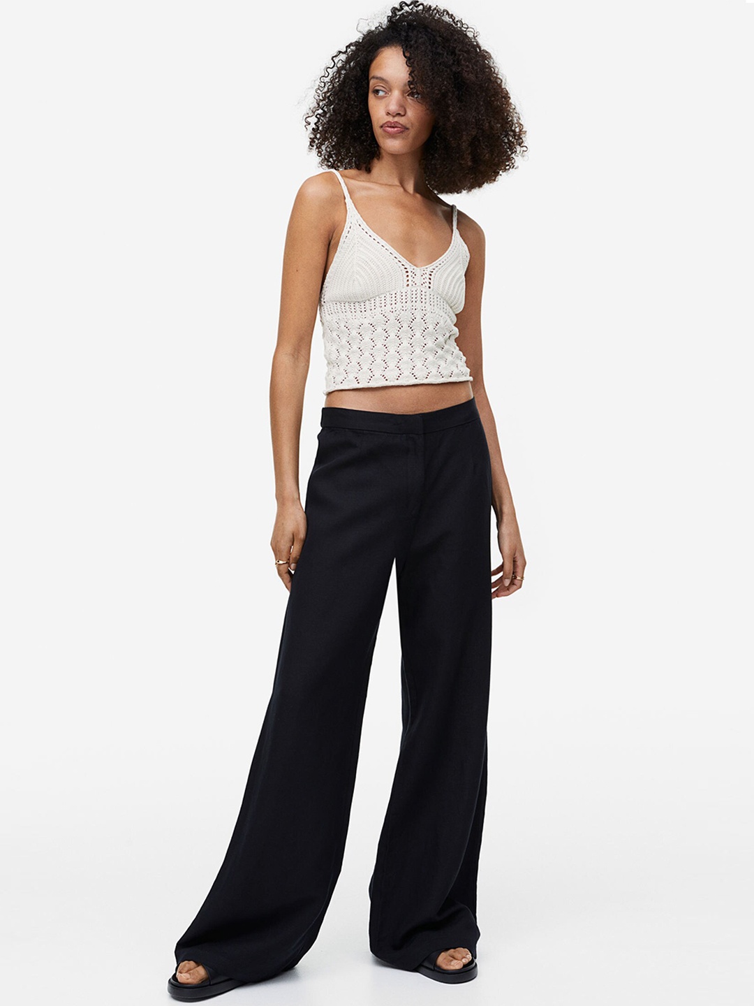 

H&M Women Wide Linen-Blend Trousers, Black